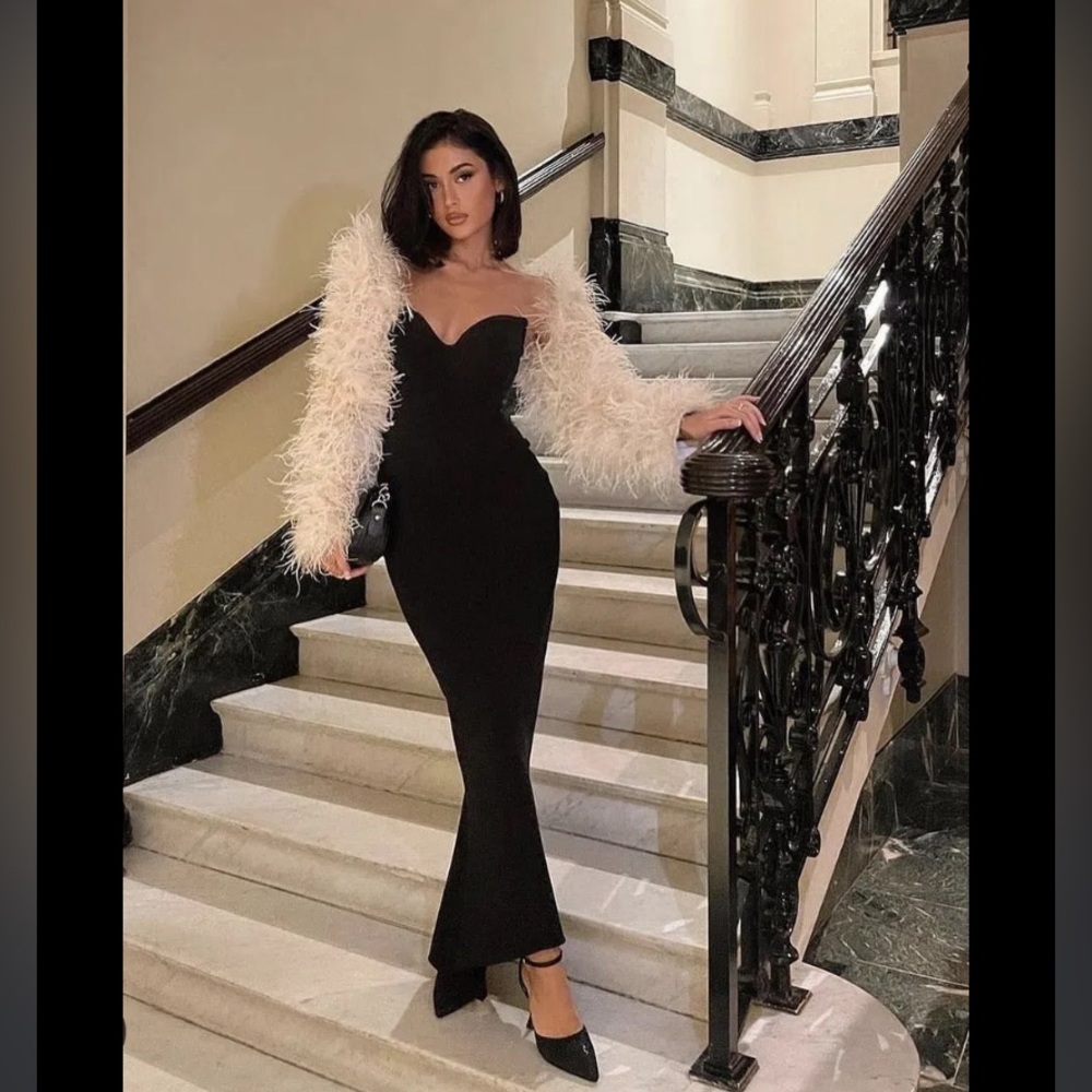 House of CB Black Maxi Dress with Cream Feathered Sleeves